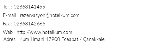 Kum Hotel Eceabat telefon numaralar, faks, e-mail, posta adresi ve iletiim bilgileri